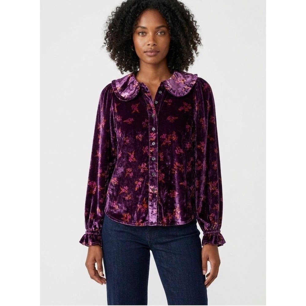 Pilcro Anthropologie Purple Floral Velvet Ruffle Collar Blouse Medium